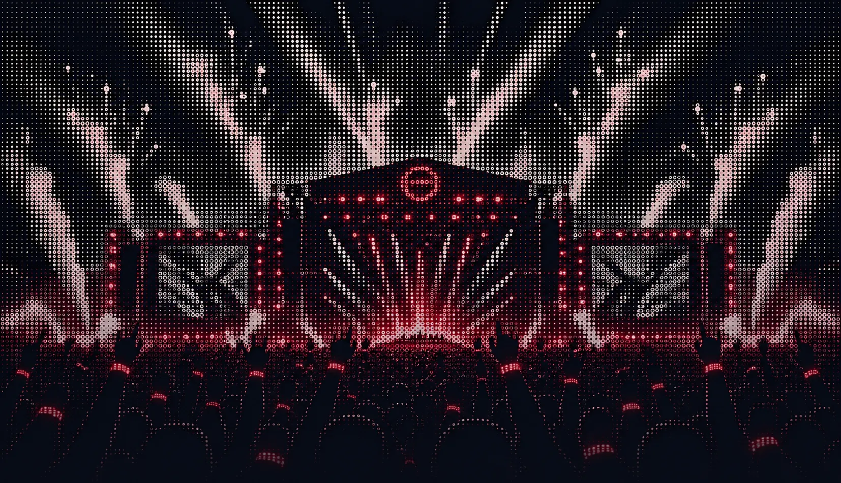 Público de braços erguidos diante do palco, em arte de meio-tom